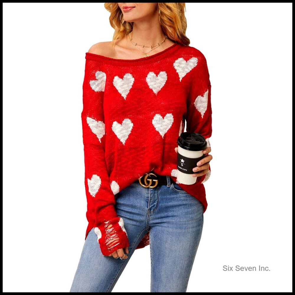 Off Shoulder Pullover Sweater Loose Knitted Hearts Printed Ripped Y2K Chic